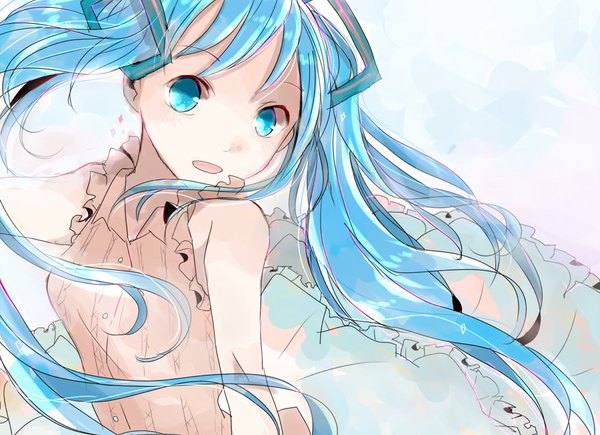 Anime picture 1100x799 with vocaloid hatsune miku saki (pixiv1903735) single long hair looking at viewer open mouth simple background twintails bare shoulders blue hair aqua eyes outstretched arm girl