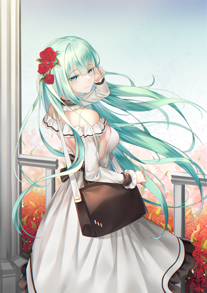 Anime picture 3035x4299 with original prothymos single long hair tall image looking at viewer fringe highres breasts blue eyes hair between eyes standing signed absurdres sky outdoors long sleeves looking back arm up hair flower