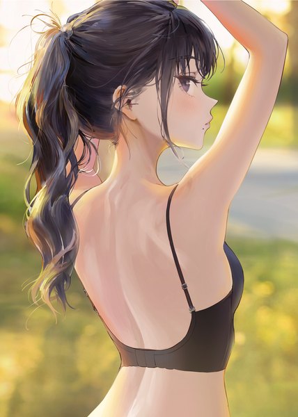 Anime picture 1200x1683 with idolmaster idolmaster shiny colors kazano hiori ame (uten cancel) single long hair tall image looking at viewer fringe breasts light erotic black hair purple eyes payot outdoors ponytail profile looking back from behind blurry