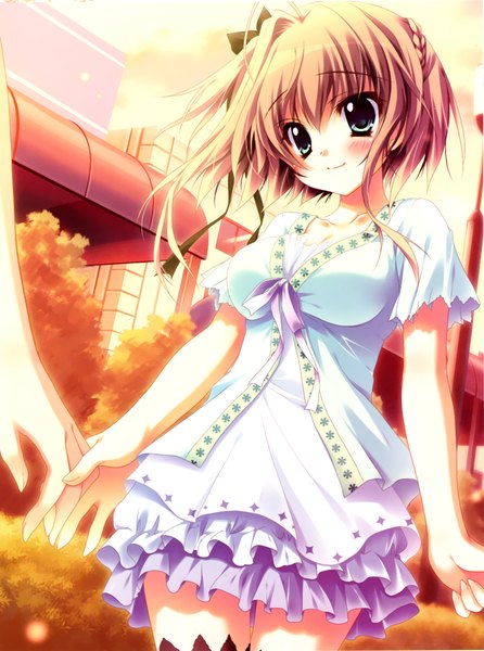 Anime picture 1901x2560 with kimi to issho ni nakajima mizuho izumi tsubasu single tall image blush highres short hair breasts smile brown hair ponytail aqua eyes side ponytail holding hands evening sunset girl dress skirt