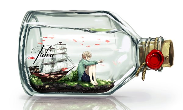 Anime picture 3012x1812 with original kyanarinu single blush fringe highres short hair blue eyes blonde hair smile wide image white background sitting looking away profile barefoot reflection in container boy plant (plants)