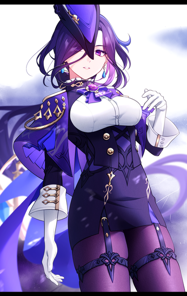 Anime picture 1482x2339 with genshin impact clorinde (genshin impact) pochimaru (marumaru wanwan) single long hair tall image looking at viewer fringe breasts light erotic large breasts standing purple eyes purple hair long sleeves parted lips hair over one eye low ponytail girl gloves