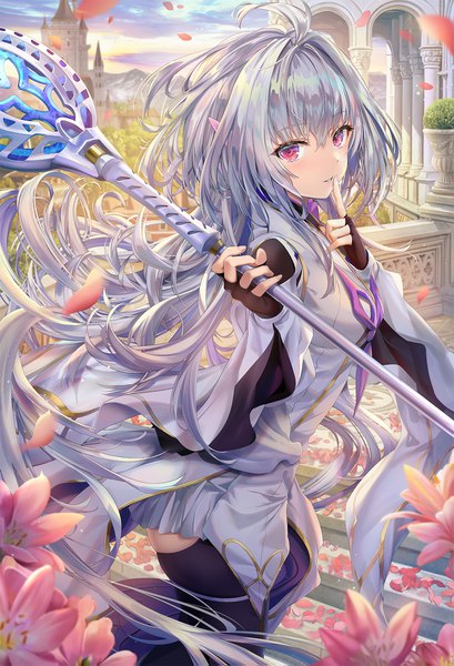 Anime picture 1200x1759 with fate (series) fate/grand order fate/prototype merlin (fate/prototype) torino aqua single tall image looking at viewer fringe hair between eyes standing purple eyes holding sky silver hair cloud (clouds) ahoge outdoors very long hair parted lips