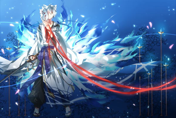 Anime picture 1500x1007 with inu x boku ss david production miketsukami soushi ikasemih single fringe short hair standing holding animal ears white hair traditional clothes japanese clothes fox ears glowing boy flower (flowers) ribbon (ribbons) weapon petals