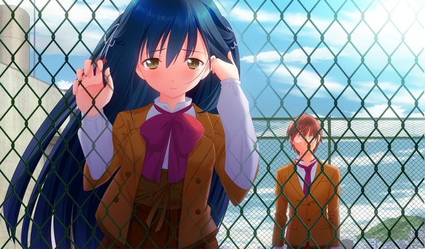 Anime picture 1300x761 with touhikou game houjou akito tamanaha renna yasuyuki long hair looking at viewer blush wide image yellow eyes blue hair game cg sky cloud (clouds) crying sad girl boy hair ornament ribbon (ribbons) sun