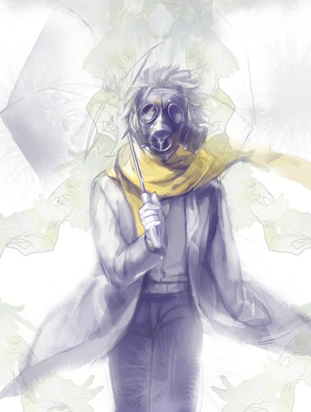 Anime picture 792x1049 with dramatical murder nitro+chiral clear (dmmd) summer n (artist) single tall image short hair simple background white background grey hair boy gloves white gloves scarf umbrella cloak hands gas mask