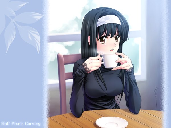 Anime picture 1600x1200 with aizawa kotarou single highres window hairband coffee