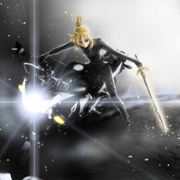 Anime picture 3189x3189 with fate (series) fate/stay night fate/zero studio deen type-moon artoria pendragon (all) saber ota single long hair fringe highres blonde hair absurdres ponytail aqua eyes night girl gloves weapon
