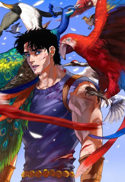 Anime picture 800x1163 with jojo no kimyou na bouken jonathan joestar emg (christain) single tall image looking at viewer fringe short hair open mouth blue eyes black hair sky tail sunlight mole flying muscle dirty joestar birthmark boy