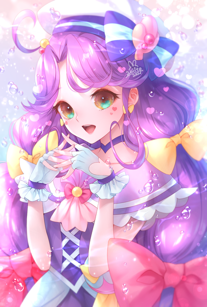 Anime picture 1181x1748 with precure tropical-rouge! precure toei animation suzumura sango cure coral aoi itou single long hair tall image open mouth brown eyes signed looking away purple hair upper body ahoge :d interlocked fingers magical girl 2021
