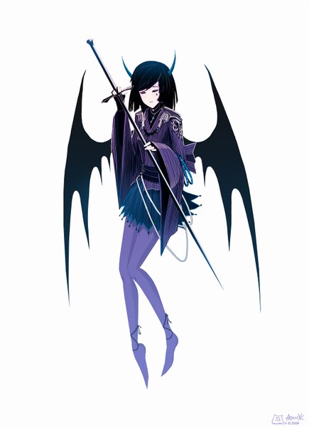 Anime picture 1089x1500 with original arsenixc single tall image short hair black hair white background eyes closed horn (horns) girl dress sword wings