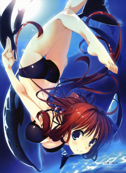 Anime picture 2963x4074 with original kagome (traumatize) single long hair tall image looking at viewer blush fringe highres breasts blue eyes light erotic smile hair between eyes cleavage ass ponytail red hair barefoot sunlight