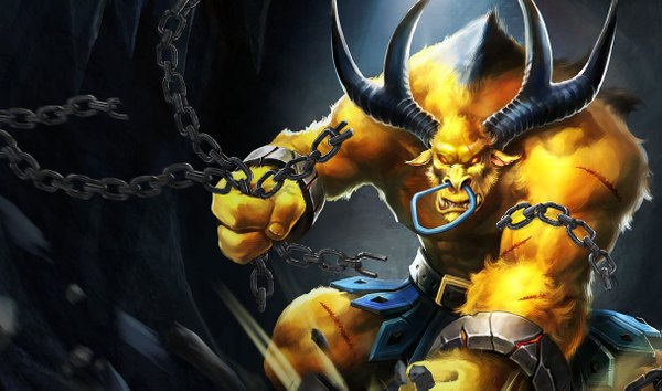 Anime picture 1215x717 with league of legends alistar (league of legends) single wide image yellow eyes horn (horns) chain monster bull