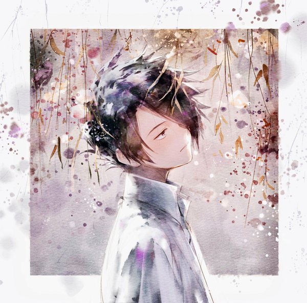 Anime picture 3850x3800 with yakusoku no neverland cloverworks ray (yakusoku no neverland) awarin single fringe highres short hair black hair looking away absurdres upper body hair over one eye border outside border boy plant (plants) shirt white shirt
