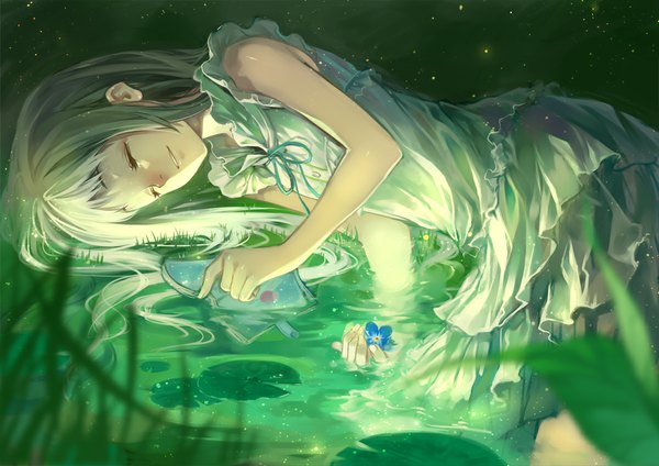 Anime picture 1059x750 with ano hi mita hana no namae wo bokutachi wa mada shiranai a-1 pictures honma meiko silverwing single long hair white hair lying eyes closed sleeveless on side girl flower (flowers) plant (plants) water book (books) grass sundress