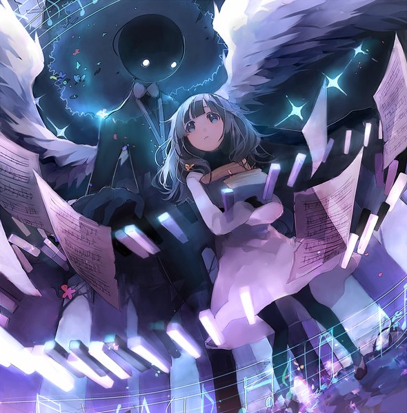Anime picture 900x915 with deemo girl (deemo) deemo (character) ayatoki-1 long hair tall image fringe blue eyes black hair standing holding looking away night sparkle night sky looking down looking up girl dress pantyhose