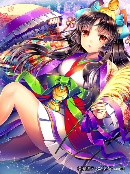 Anime picture 700x933 with junketsu duelion ells (ellsat) single long hair tall image black hair traditional clothes japanese clothes orange eyes sleeves past wrists girl ribbon (ribbons) belt kimono bell jewelry crown jingle bell