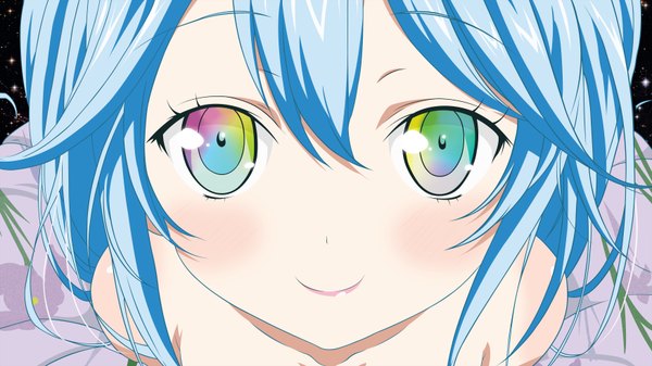 Anime picture 3500x1968 with denpa onna to seishun otoko shaft (studio) touwa erio long hair highres smile wide image blue hair absurdres close-up face vector multicolored eyes girl