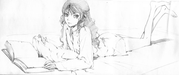 Anime picture 1391x583 with original justminor single long hair looking at viewer wide image white background lying barefoot grey hair bare legs shadow grey eyes legs monochrome sketch girl shirt book (books)