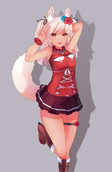 Anime picture 1216x1855 with original ehrrr single long hair tall image looking at viewer blush fringe open mouth simple background red eyes standing twintails animal ears bent knee (knees) white hair tail :d animal tail pleated skirt