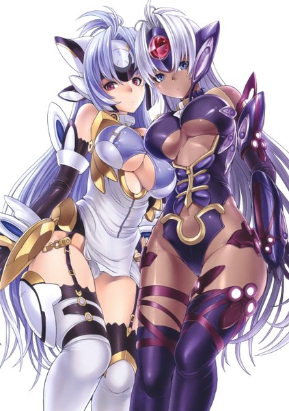 Anime picture 2128x3015 with xenosaga monolith software kos-mos t-elos hakaba (dairiseki) long hair tall image highres breasts blue eyes light erotic simple background red eyes white background multiple girls blue hair white hair dark skin girl thighhighs