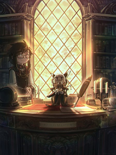 Anime picture 1500x2000 with original porforever long hair tall image looking at viewer short hair black hair smile sitting white hair indoors crossed legs minigirl girl boy glasses window book (books) shelf armchair