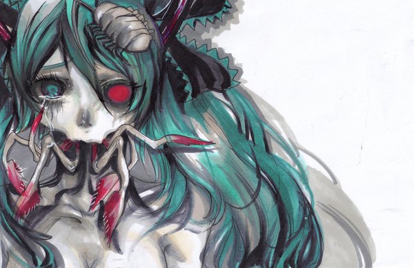 Anime picture 2324x1508 with vocaloid bacterial contamination (vocaloid) calcium beatrice26154 single long hair looking at viewer fringe highres light erotic hair between eyes aqua eyes aqua hair tears eyebrows crying sad drawing black sclera horror