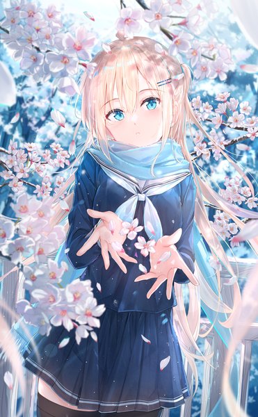 Anime picture 2779x4499 with original na kyo single long hair tall image looking at viewer fringe highres blue eyes blonde hair hair between eyes standing outdoors head tilt one side up cherry blossoms spring girl thighhighs uniform