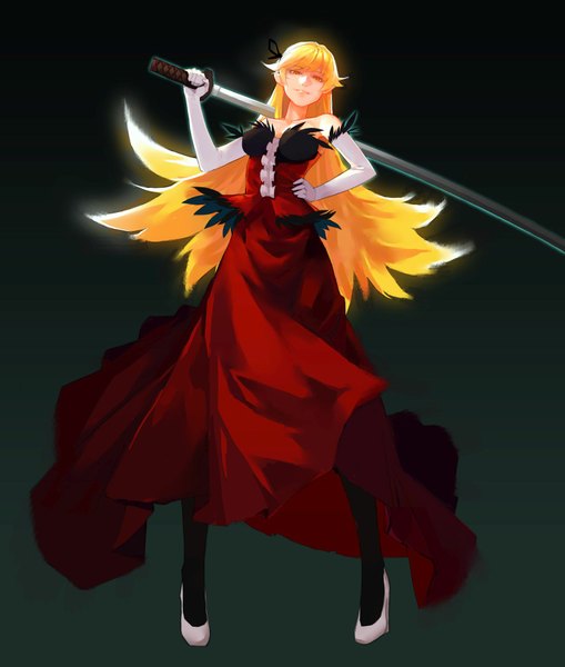 Anime picture 1488x1754 with kizumonogatari shaft (studio) monogatari (series) kissshot acerolaorion heartunderblade dafei single long hair tall image looking at viewer fringe simple background blonde hair smile bare shoulders holding yellow eyes full body from below hand on hip dark background