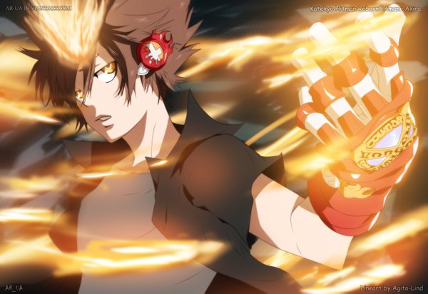 Anime picture 1500x1031 with katekyou hitman reborn sawada tsunayoshi ar-ua single short hair brown hair yellow eyes open clothes open shirt coloring magic boy gloves headphones