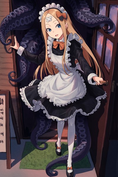 Anime picture 1163x1744 with fate (series) fate/grand order abigail williams (fate) ichi yoshida single long hair tall image looking at viewer open mouth blue eyes blonde hair smile standing full body long sleeves :d maid frilled dress bandaid on face girl