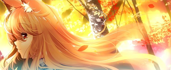 Anime picture 1024x420 with original yuuji (yukimimi) single long hair blonde hair red eyes wide image animal ears profile girl plant (plants) tree (trees) leaf (leaves)