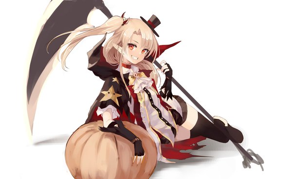 Anime picture 1886x1160 with azur lane cleveland (azur lane) cleveland (devil fever) (azur lane) lumo 1121 single long hair looking at viewer highres blonde hair simple background smile red eyes wide image white background holding pointy ears arm support one side up grin halloween