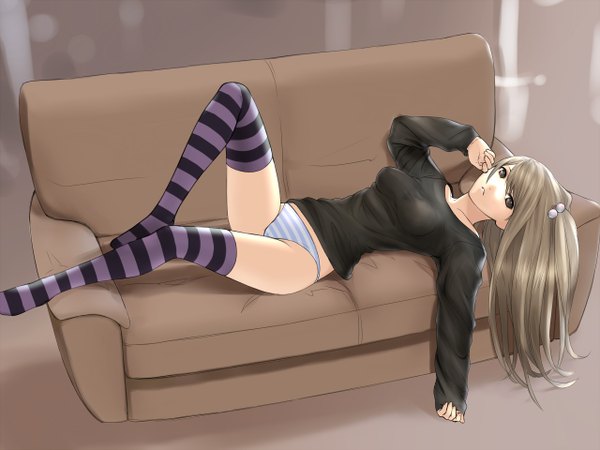 Anime picture 1280x960 with original long hair breasts light erotic brown hair twintails lying striped thighhighs hair ornament underwear panties sweater striped thighhighs couch hair tie striped panties hair bobbles nibai