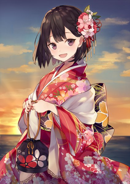 Anime picture 800x1131 with original shugao single tall image looking at viewer blush fringe short hair open mouth smile brown hair standing purple eyes holding sky cloud (clouds) outdoors nail polish traditional clothes :d