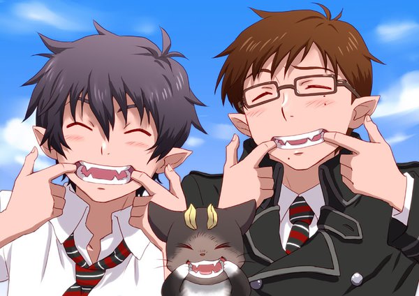 Anime picture 900x636 with ao no exorcist a-1 pictures okumura rin okumura yukio kuro (ao no exorcist) kiropin (artist) blush fringe short hair open mouth black hair smile hair between eyes brown hair sky upper body eyes closed pointy ears mole multiple boys