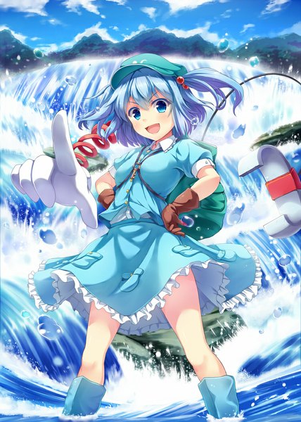 Anime picture 750x1050 with touhou kawashiro nitori noe noel single tall image looking at viewer blush short hair open mouth blue eyes twintails aqua hair short twintails hands on hips waterfall mechanical arms girl skirt gloves hair ornament