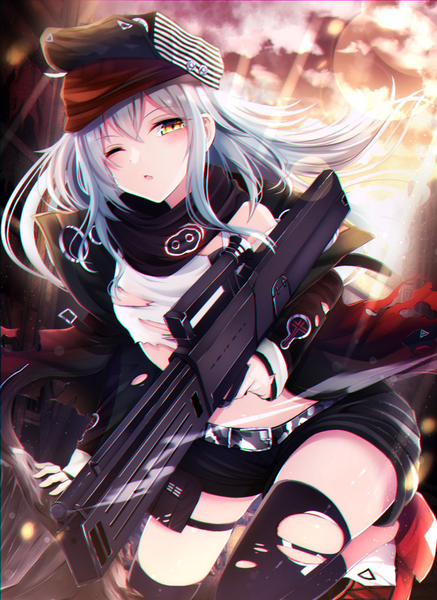Anime picture 1021x1400 with girls frontline g11 (girls frontline) shiira (nya rl) single long hair tall image looking at viewer blush fringe open mouth light erotic hair between eyes standing holding yellow eyes sky silver hair cloud (clouds) outdoors one eye closed