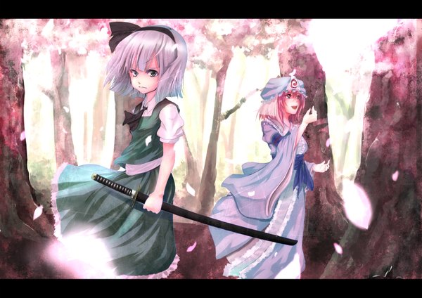 Anime picture 1753x1240 with touhou konpaku youmu saigyouji yuyuko canae0 highres short hair open mouth pink hair white hair pink eyes cherry blossoms girl dress skirt plant (plants) hat miniskirt petals sword tree (trees)