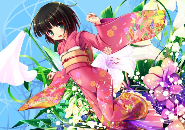 Anime picture 1753x1240 with ikoku meiro no croisee satelight yune (ikoku meiro no croisee) blush highres short hair black hair green eyes japanese clothes loli girl flower (flowers) plant (plants) belt kimono