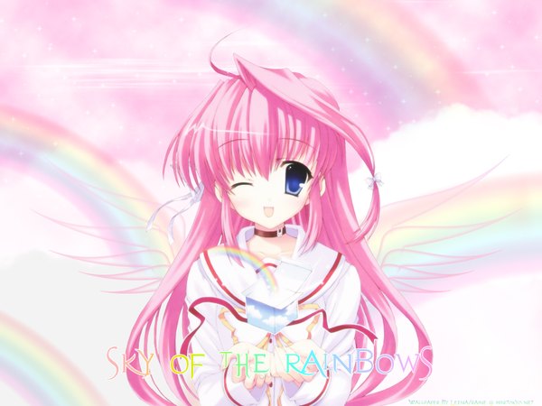 Anime picture 1600x1200 with gift eternal rainbow mitha pink hair one eye closed wink watermark