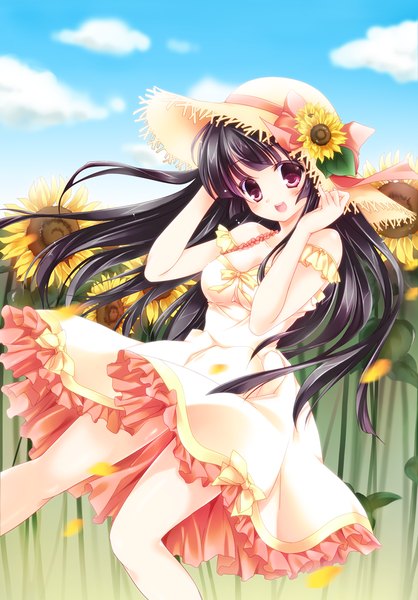 Anime picture 700x1004 with original rinka (yuyutei) single long hair tall image blush open mouth black hair red eyes sky cloud (clouds) girl dress flower (flowers) hat petals sunflower