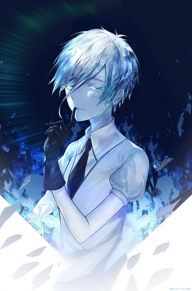 Anime picture 800x1210 with houseki no kuni antarcticite tong pole single tall image fringe short hair hair between eyes signed silver hair upper body puffy sleeves finger to mouth silver eyes androgynous crack amputee gloves black gloves necktie