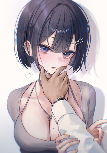 Anime-Bild 2126x3043 mit original myowa tall image looking at viewer blush fringe highres short hair breasts open mouth blue eyes light erotic black hair simple background large breasts upper body mole shadow piercing ear piercing