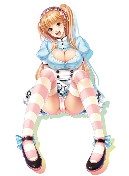 Anime picture 1417x1930 with original momoi komomo single long hair tall image blush breasts open mouth light erotic simple background blonde hair red eyes large breasts white background sitting twintails pantyshot sitting lolita fashion girl thighhighs