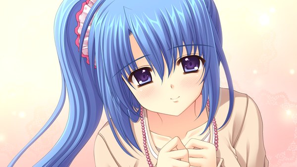Anime picture 1280x720 with world wide love! (game) munemoto tsubakiko long hair wide image purple eyes blue hair game cg ponytail girl