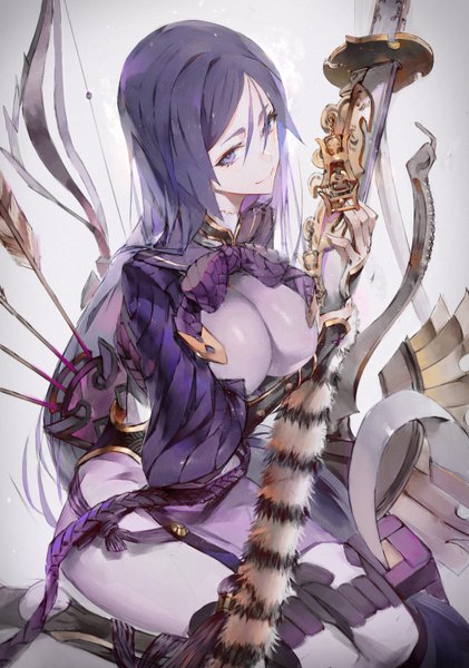 Anime picture 672x958 with fate (series) fate/grand order minamoto no raikou (fate) hxxg single long hair tall image looking at viewer breasts light erotic simple background smile large breasts sitting purple eyes purple hair grey background girl weapon sword