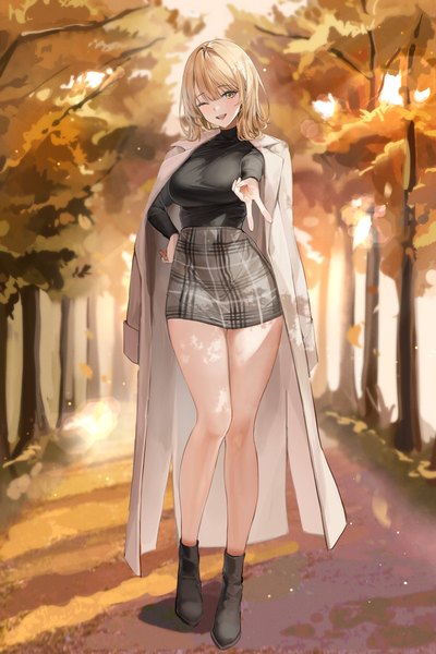 Anime picture 4000x6000 with original lillly single tall image looking at viewer fringe highres short hair breasts open mouth blonde hair smile large breasts standing yellow eyes absurdres full body outdoors head tilt one eye closed