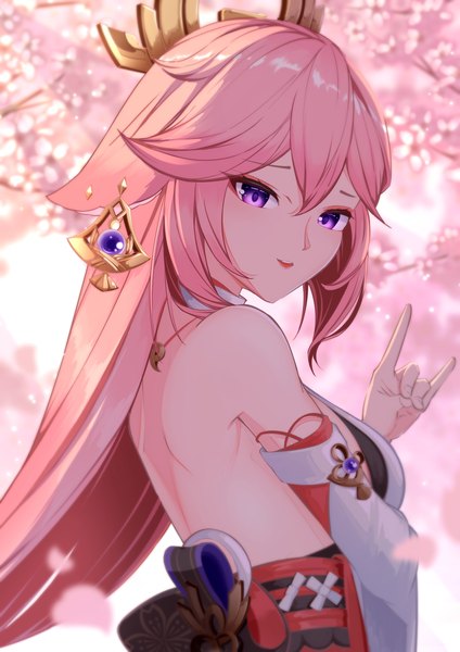 Anime picture 2894x4093 with genshin impact yae miko japanese shinobi4649 single long hair tall image looking at viewer fringe highres breasts smile hair between eyes purple eyes animal ears pink hair upper body traditional clothes parted lips japanese clothes wide sleeves