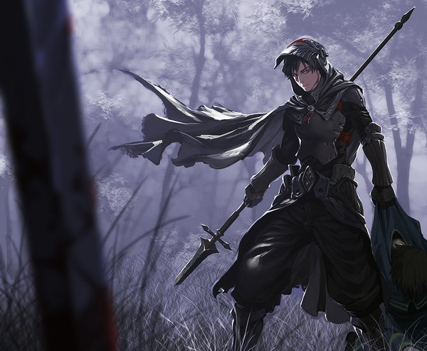Anime picture 1056x871 with original mayumio88 single looking at viewer short hair black hair smile red eyes standing blood stains boy gloves weapon plant (plants) sword tree (trees) black gloves elbow gloves armor cloak